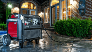 A brand new Honda Generator stationed outside providing energy to the house during the night time